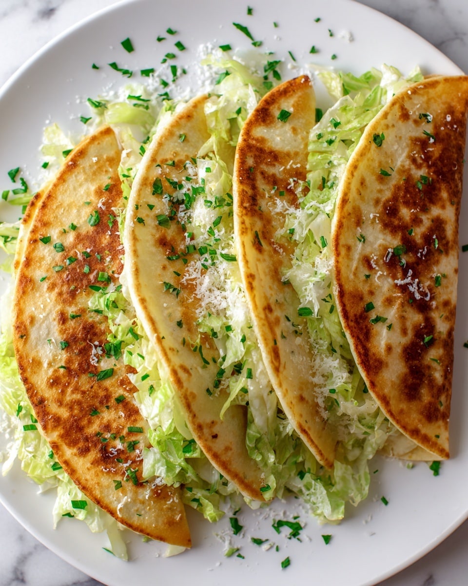 Three folded, golden-brown quesadillas with a slightly crispy texture are arranged side by side on a white plate. Each quesadilla is topped with a generous layer of light green shredded lettuce mixed with small pieces of white cheese. Some finely chopped green herbs are sprinkled around and on top. The plate sits on a white marbled surface. photo taken with an iphone --ar 4:5 --v 7