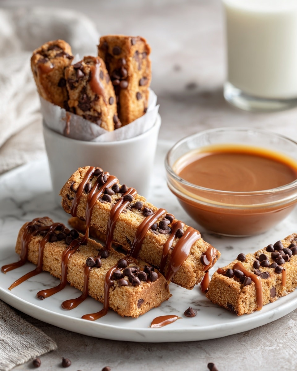 The image shows a white plate with five thick, rectangular bread sticks covered in many small dark chocolate chips. Three of the sticks are standing upright in a white paper cone filled with melted caramel dripping down, while two sticks lie flat on the plate with caramel sauce drizzled over them. Next to the bread sticks is a small glass bowl filled with caramel sauce. The plate is placed on a wooden table with a blurred background, and the whole scene rests on a white marbled texture surface. photo taken with an iphone --ar 4:5 --v 7