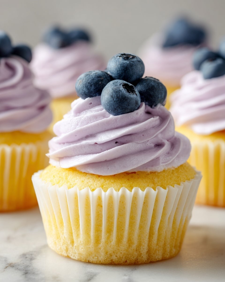 The image shows a close-up of a yellow cupcake with a white cupcake liner, topped with a thick swirl of light purple frosting. On top of the frosting, there are several fresh blueberries. The texture of the frosting looks smooth and creamy, with the berries adding a shiny, juicy contrast. The background is a white marbled surface, and the focus is sharp on the cupcake, making it look very fresh and inviting. Photo taken with an iphone --ar 4:5 --v 7