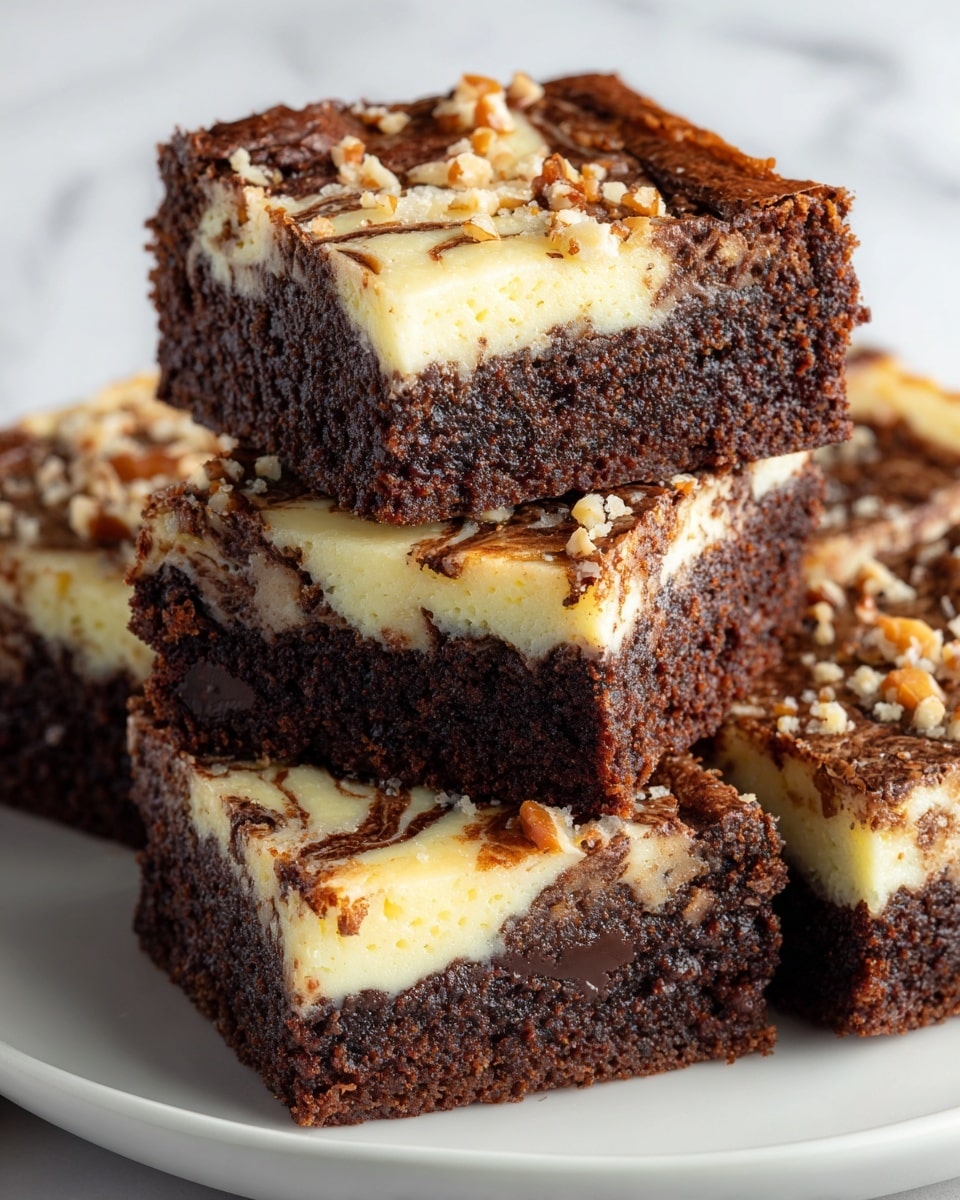 The image shows a close-up of four square brownies stacked on a white plate with a white marbled background. Each brownie has a rich, dark brown chocolate base layer with a creamy, pale yellow cream cheese swirl layer on top, creating a marbled pattern. Small bits of crushed nuts are sprinkled over the cream cheese layer, adding texture and light brown color contrast. The brownies appear moist and dense with visible chocolate chunks throughout. Photo taken with an iphone --ar 4:5 --v 7