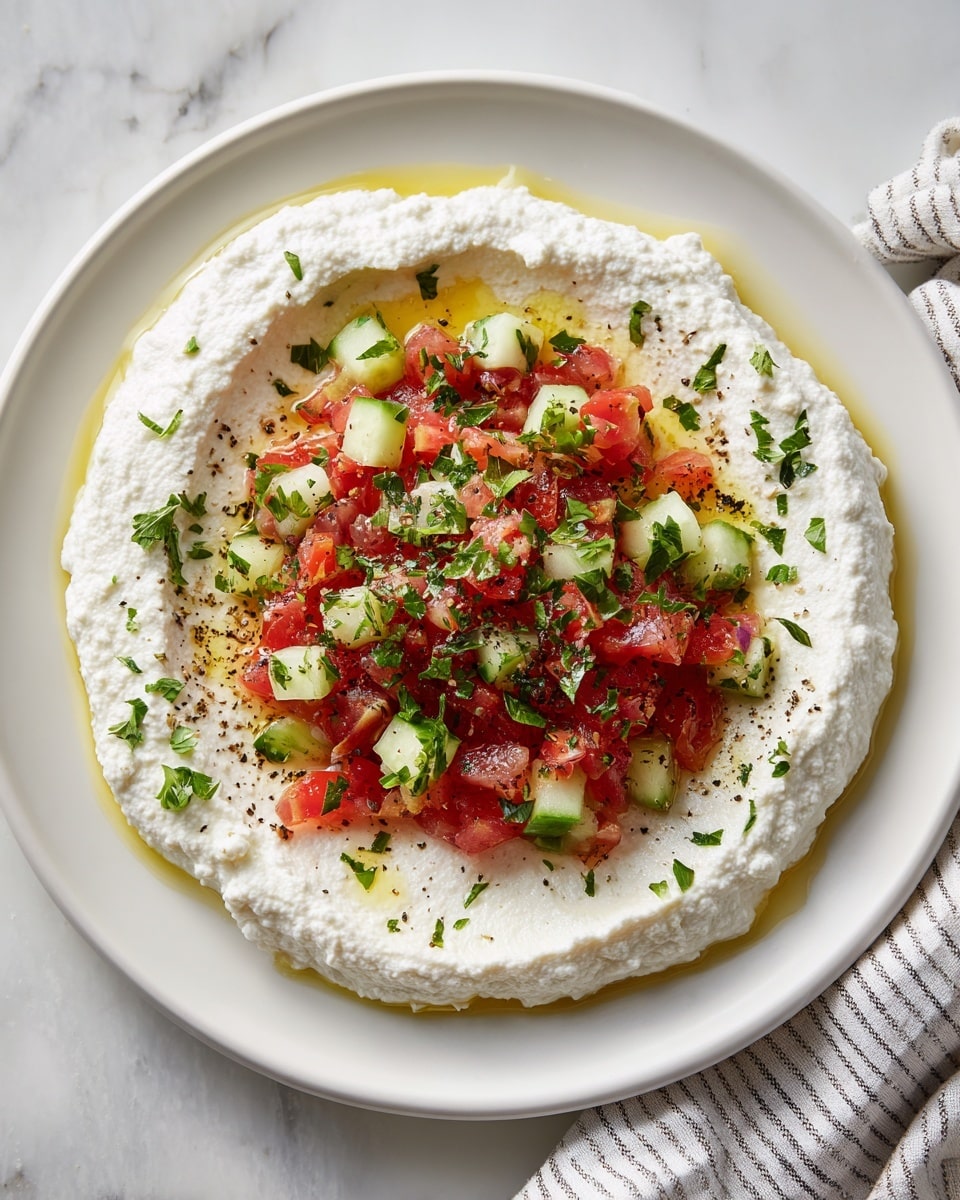 A white plate holds a thick, creamy layer of white ricotta cheese spread evenly in a circle with slightly uneven edges, creating a textured base. On top, there is a colorful mix of chopped cucumber and red tomato pieces arranged in the center, sprinkled with dried herbs and small green parsley leaves. Light golden olive oil is drizzled over the cheese and vegetables, giving a shiny contrast. The plate is placed on a white marbled surface with a striped cloth partially visible on the side. photo taken with an iphone --ar 4:5 --v 7
