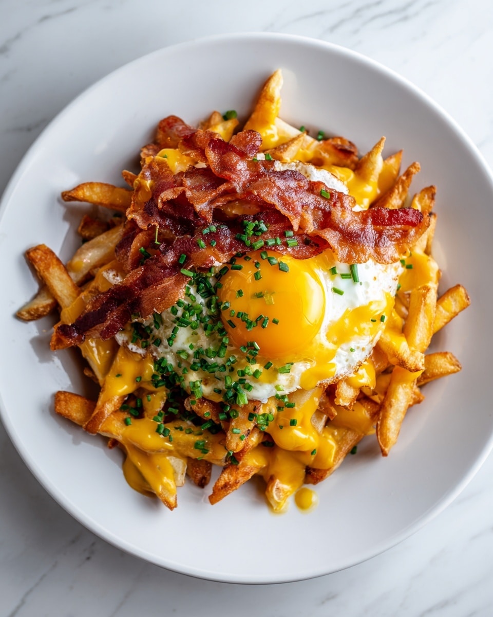 A white plate holds a pile of golden-brown crispy fries as the base layer. On top of the fries is a rich layer of melted bright yellow cheese sauce that softly covers the fries. In the center, a sunny-side-up egg with a glossy, bright orange yolk sits, partially covered by the cheese sauce. Above the egg and cheese, there are several pieces of crispy, reddish-brown bacon strips arranged in a loose pile. The bacon is sprinkled with finely chopped green chives, adding a fresh green color contrast. The plate is placed on a white marbled surface. photo taken with an iphone --ar 4:5 --v 7