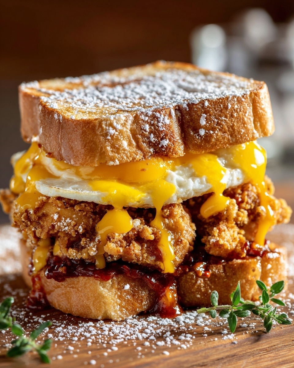 A thick sandwich is made with two toasted slices of golden brown bread, each with a slightly crispy texture and a dusting of powdered sugar on top. Inside, there is a layer of crispy, golden fried chicken with a crunchy coating, topped by a layer of melted, bright yellow cheese that is slightly dripping. Above the cheese is a cooked egg with a soft, fluffy texture and a light yellow color. At the bottom, there is a layer of rich, reddish-brown sauce spreading onto the bottom slice of toasted bread. The sandwich is placed on a wooden surface with a small green herb blurred in the background, and the overall lighting highlights the crispy and gooey textures of the sandwich. photo taken with an iphone --ar 4:5 --v 7