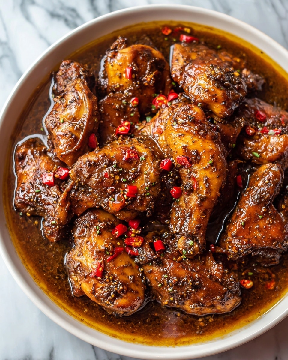 The dish shows multiple pieces of dark brown, richly seasoned chicken covered in a glossy, thick sauce with visible small bits of spices and red chili pieces scattered throughout. The chicken pieces vary in size and shape, some showing texture from the skin and others with smooth, saucy surfaces, all sitting closely together in a shallow pool of brown sauce that glistens with oils. The overall look is moist and savory with a combination of deep caramelized colors and hints of red from the chili. The background is a white marbled texture. photo taken with an iphone --ar 4:5 --v 7