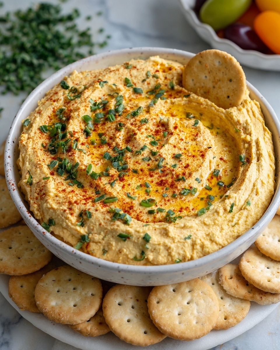 A white bowl filled with a thick, creamy, light yellow hummus spread has a slightly rough texture with visible swirls, dusted with reddish paprika and topped with small bright green chopped scallions. Around the bowl, round beige saltine crackers are neatly placed, and one cracker is gently pressed into the hummus from the top right. The background is a white marbled texture with a blurred bowl of green herbs and colorful fruits in the distance. Photo taken with an iphone --ar 4:5 --v 7