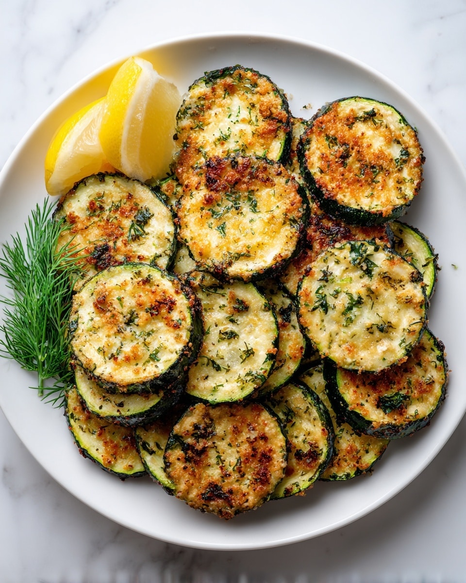 A white round plate holds ten thick, round slices of grilled zucchini arranged closely together, each slice showing a golden-brown top with green and light yellow herbs and spices visible on the surface, giving a textured and slightly crispy look. To the upper left side of the plate, there is a half lemon with bright yellow flesh, and a small sprig of green dill rests under the bottom left edge of the zucchini slices. The plate sits on a white marbled surface. photo taken with an iphone --ar 4:5 --v 7