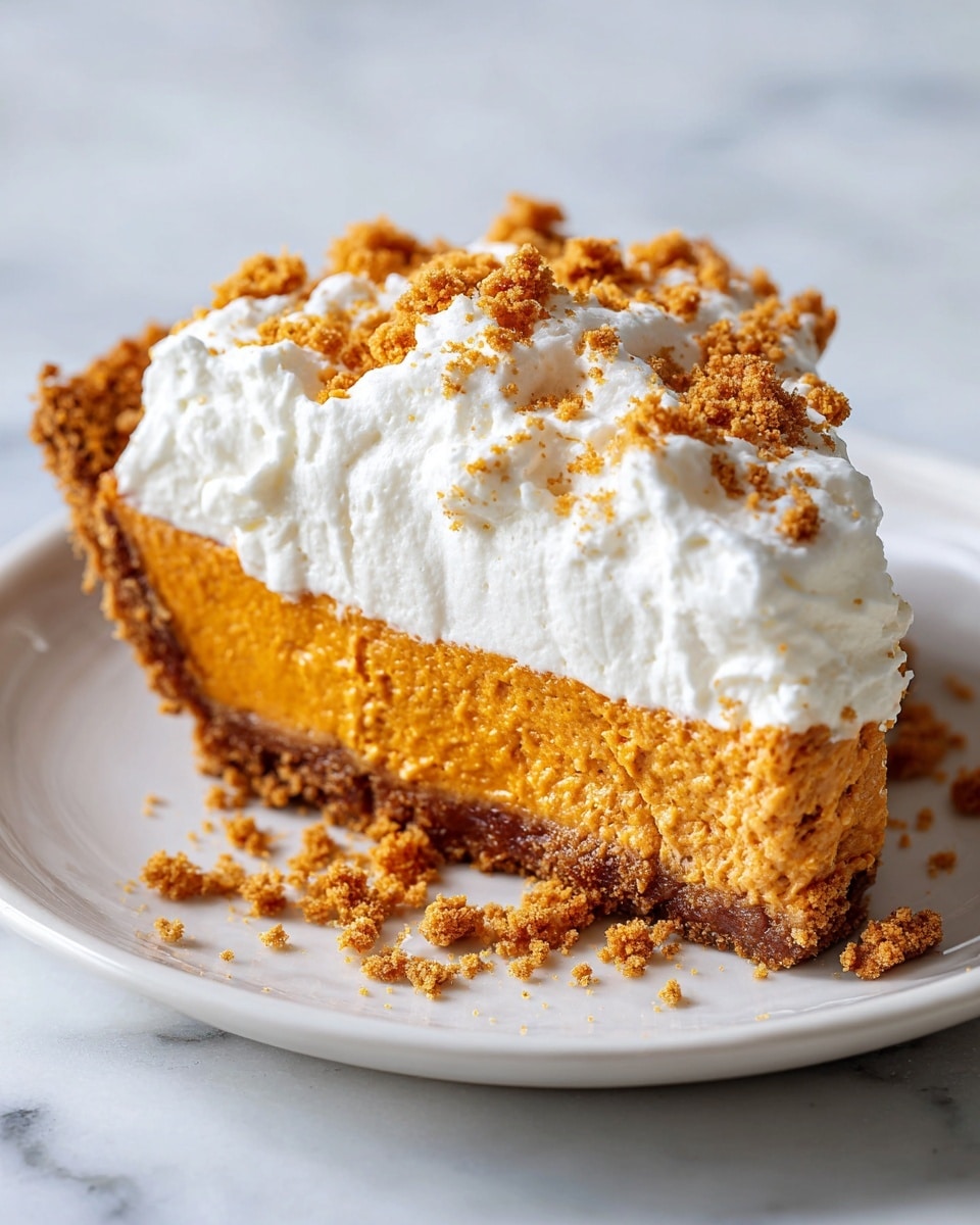 A slice of pumpkin pie sits on a white plate over a white marbled surface. The pie has three clear layers: a crumbly golden brown crust on the bottom and edges, a smooth, bright orange pumpkin filling in the middle, and a thick, fluffy white whipped cream topping spread unevenly on top. Crumbled golden brown crumbs are sprinkled all over the whipped cream and around the plate where a slice was taken out. Photo taken with an iphone --ar 4:5 --v 7