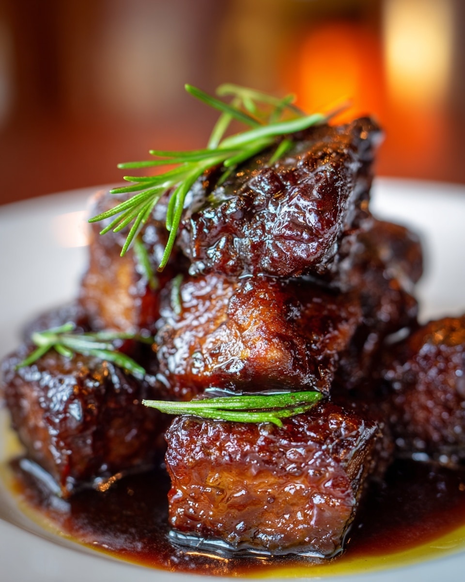 A close-up shot of several pieces of rich, dark brown glazed meat stacked unevenly on a white plate, each piece showing a shiny, sticky texture with a slight caramelized crust. A few sprigs of fresh green rosemary are placed on top of the meat, adding a touch of color and freshness. The sauce pools around the base of the meat, reflecting light and giving a glossy appearance. The background is softly blurred with warm tones, highlighting the texture and detail of the meat on a white marbled surface. Photo taken with an iphone --ar 4:5 --v 7