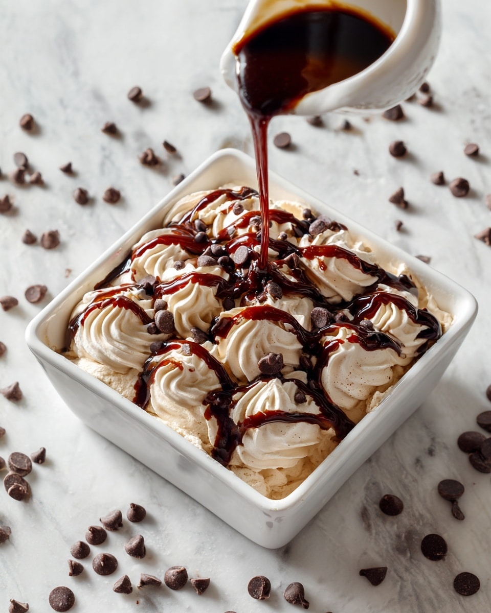 The image shows a dessert in a white square dish with a creamy, light brown layer on top shaped into swirled dollops. Dark chocolate sauce is being poured over the swirls, creating lines of rich sauce running down in between. Small dark chocolate chips are scattered evenly over the entire top, adding texture and contrast. The dish sits on a white marbled surface, with some chocolate chips scattered around it, giving a fresh and inviting look. Photo taken with an iphone --ar 4:5 --v 7