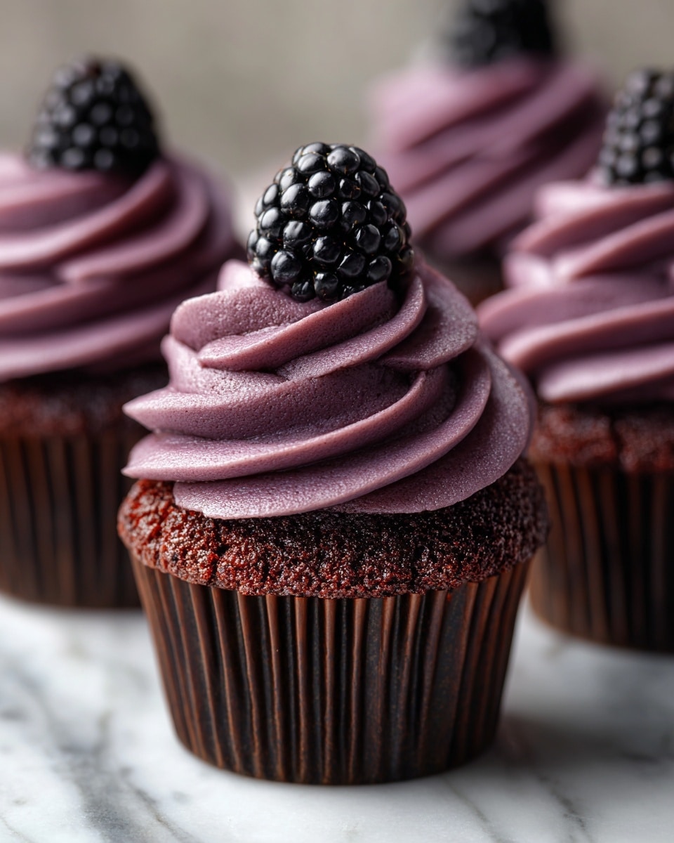 A close-up view of a chocolate cupcake with three visible layers: the deep dark brown base with a textured and slightly glossy surface, a thick swirl of smooth purple frosting that forms a tall spiral on top, and a single shiny blackberry with a bumpy surface placed at the peak of the frosting. The cupcake is inside a dark brown ridged paper cup, and the background shows blurred similar cupcakes on a white marbled surface. Photo taken with an iphone --ar 4:5 --v 7