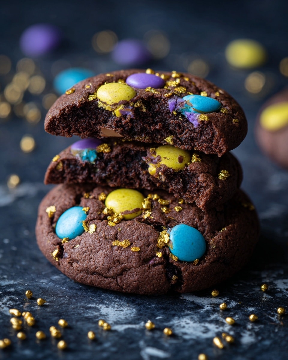 The image shows two stacked chocolate cookies on a dark surface with a white marbled texture. The bottom cookie is whole with a slightly shiny, rough texture and colorful candy pieces in blue, yellow, and purple pressed into the top. The top cookie is broken in half, revealing a soft, moist, dark chocolate inside. Bright gold sprinkles are scattered around the cookies and on them, adding a shiny detail. The colors of the candies contrast with the dark cookie, making it look fun and tasty. Photo taken with an iphone --ar 4:5 --v 7