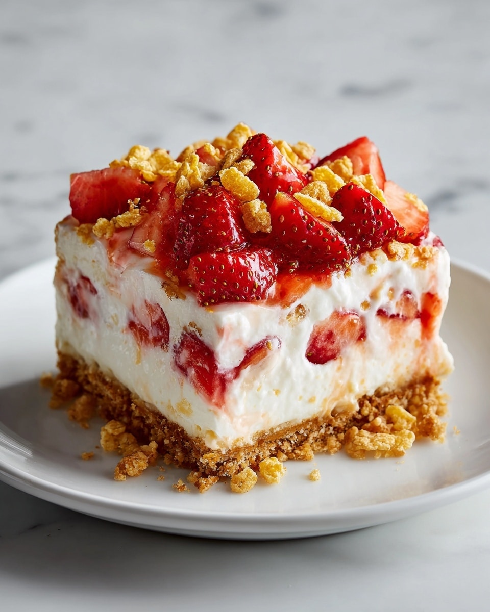 A square slice of a four-layer dessert sits on a white plate over a white marbled surface. The bottom layer is a thick, golden-brown crumbly crust with a rough texture. Above it is a thick creamy white layer mixed with bright red strawberry pieces scattered throughout. The third layer is a smooth white cream, topped with small golden-yellow crunchy cereal pieces and fresh red strawberry chunks. The colors are bright and fresh, with the red strawberries contrasting against the creamy white and golden crust. The photo taken with an iphone --ar 4:5 --v 7
