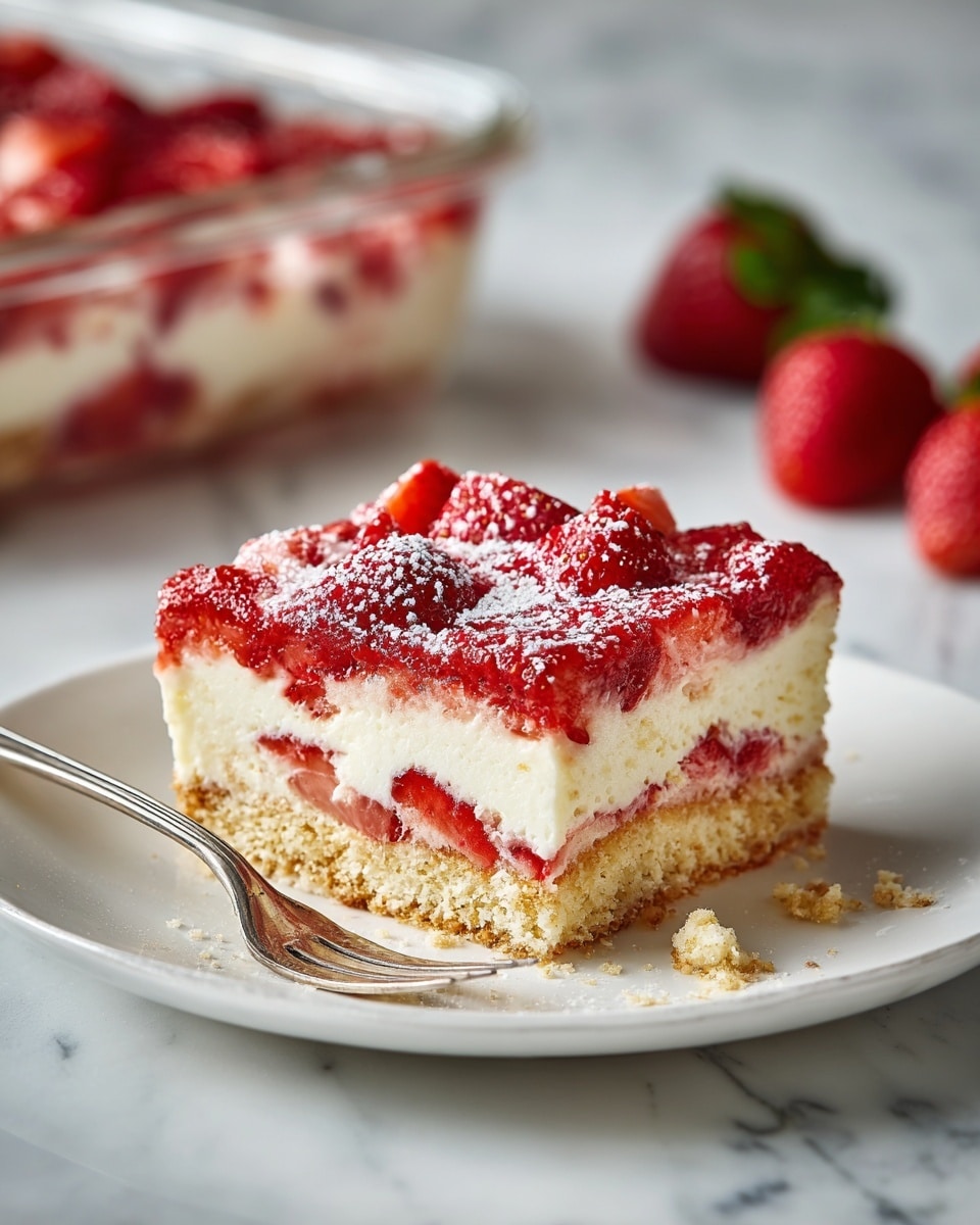 A single slice of strawberry dessert sits on a white plate, showing three clear layers: a crumbly, light golden crust on the bottom; a thick, creamy, off-white middle layer; and fresh, bright red strawberry pieces on top, dusted with a light powder of powdered sugar. The dessert slice is slightly messy with some crumbs around it. A silver fork rests on the plate next to the slice. In the background, a glass dish filled with the same layered dessert and whole strawberries are blurred on a white marbled surface. photo taken with an iphone --ar 4:5 --v 7