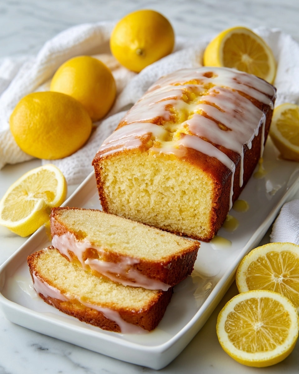 A loaf of lemon cake sits on a long white plate, with two slices cut and laid in front. The cake has a golden-brown crust on the sides and a moist, pale yellow interior with a soft texture. On top, the cake is decorated with three thick, glossy layers of lemon glaze, unevenly spread across the surface. Around the plate, several whole and halved bright yellow lemons are placed, resting on a white marbled surface with a white cloth partially visible. photo taken with an iphone --ar 4:5 --v 7