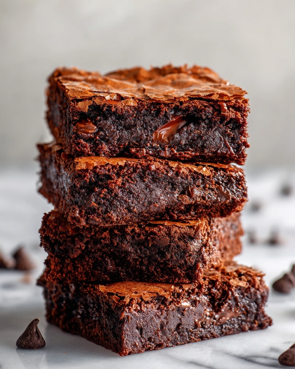A stack of three thick, square chocolate brownies is shown. The top brownie has a cracked, shiny crust with a rich, dark brown color. Inside, the brownie looks moist and dense with melted chocolate chunks visible. The middle and bottom brownies have the same dense texture and deep brown color, with rough edges. The whole stack is placed on a white marbled surface, with some chocolate chips scattered around in soft focus. Photo taken with an iphone --ar 4:5 --v 7