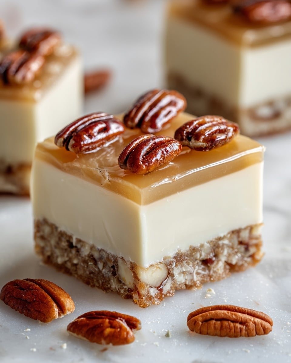 A close-up view of a three-layer dessert square placed on a white marbled surface, showing a bottom layer made of a light brown, nut-filled mixture with visible pieces of pecans, a middle layer of smooth, creamy white filling, and a top layer of golden translucent glaze topped with whole glossy pecans arranged evenly. A few loose pecans are scattered near the dessert. The dessert has sharp edges and the layers are clearly defined, highlighting the contrast between the crunchy nutty base, soft middle, and shiny nut-covered top. Photo taken with an iphone --ar 4:5 --v 7