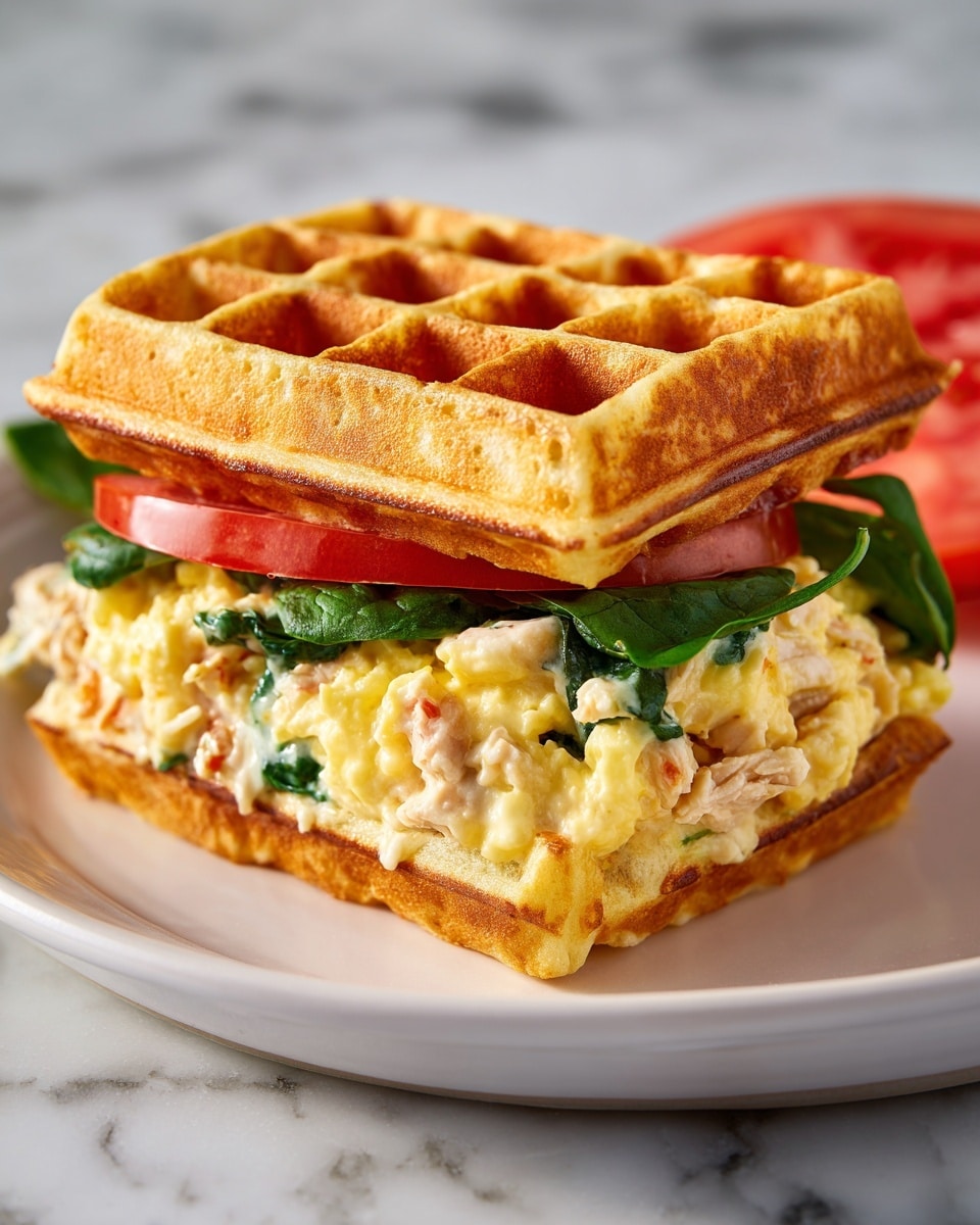 The image shows a sandwich made of two golden-brown waffles as the top and bottom layers, both with a crisp texture and deep grid pattern. The middle of the sandwich has two layers: the top layer filled with melted creamy yellow and white cheese mixed with scrambled eggs, and the bottom layer containing shredded chicken, white sauce, green leafy spinach, and a slice of red tomato visible in the background. The sandwich is placed on a white plate sitting on a white marbled surface. photo taken with an iphone --ar 4:5 --v 7