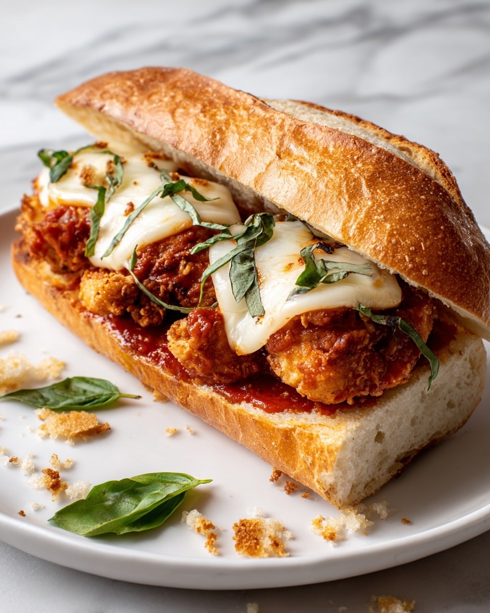 A close-up view of a sandwich on a white plate showing a golden-brown toasted baguette split open. Inside, there are two thick pieces of crispy fried chicken with a crunchy texture, topped with melted white cheese slices that are slightly soft and smooth. Under the chicken, there is a rich, red tomato sauce spread evenly on the bottom bread. Fresh green basil leaves are scattered on the cheese and a few are placed on the plate beside the sandwich. The plate sits on a white marbled surface with some bread crumbs scattered around. photo taken with an iphone --ar 4:5 --v 7