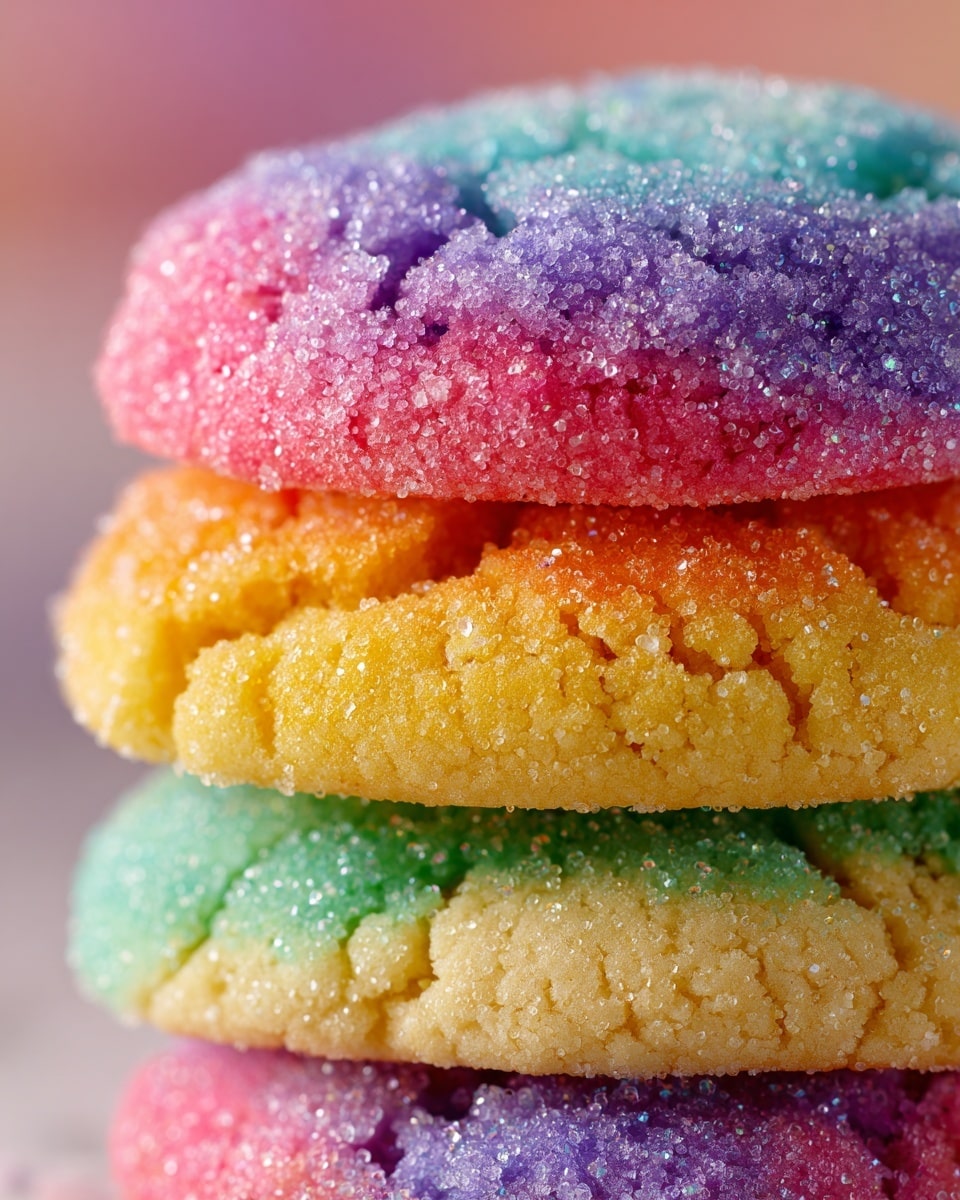 A close-up view of a stack of three soft sugar-coated cookies, each with a textured surface covered in sparkling sugar crystals. The top cookie shows multiple color layers from pink and orange at the edges to purple, blue, and green in the middle, creating a rainbow effect with a cracked pattern on top. The middle cookie is mostly yellow with hints of orange and pink, while the bottom cookie displays a gradient of light green and yellow. The cookies are stacked on a white marbled texture background. photo taken with an iphone --ar 4:5 --v 7