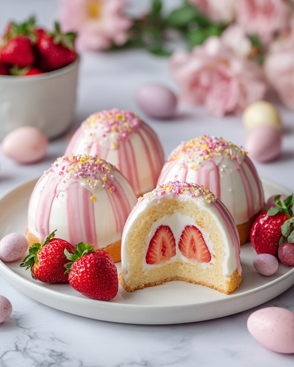 Four round desserts sit on a white plate placed on a white marbled surface. Each dessert has a layer of light beige cake at the bottom, a pink and white striped smooth middle layer, and a dome-shaped white top decorated with thin pink drizzle and small yellow, white, and pink sprinkles. Two of the desserts are cut open, showing a fresh red strawberry inside surrounded by creamy white filling and a soft cake layer. The plate is surrounded by fresh strawberries and pastel pink and white candy eggs. Soft pink flowers are blurred in the background. Photo taken with an iphone --ar 4:5 --v 7