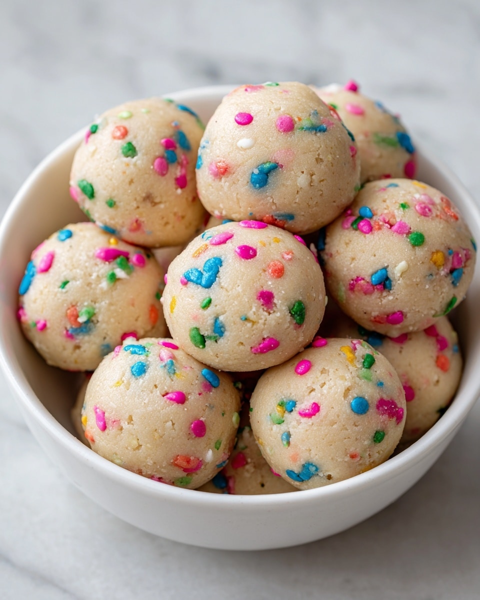 A white bowl filled with two layers of round cookie dough balls, each light beige in color with colorful small candy sprinkles in pink, green, blue, and yellow spread evenly on top of each ball. The texture appears soft and slightly crumbly with a slight shine. The bowl sits on a white marbled surface. Photo taken with an iphone --ar 4:5 --v 7