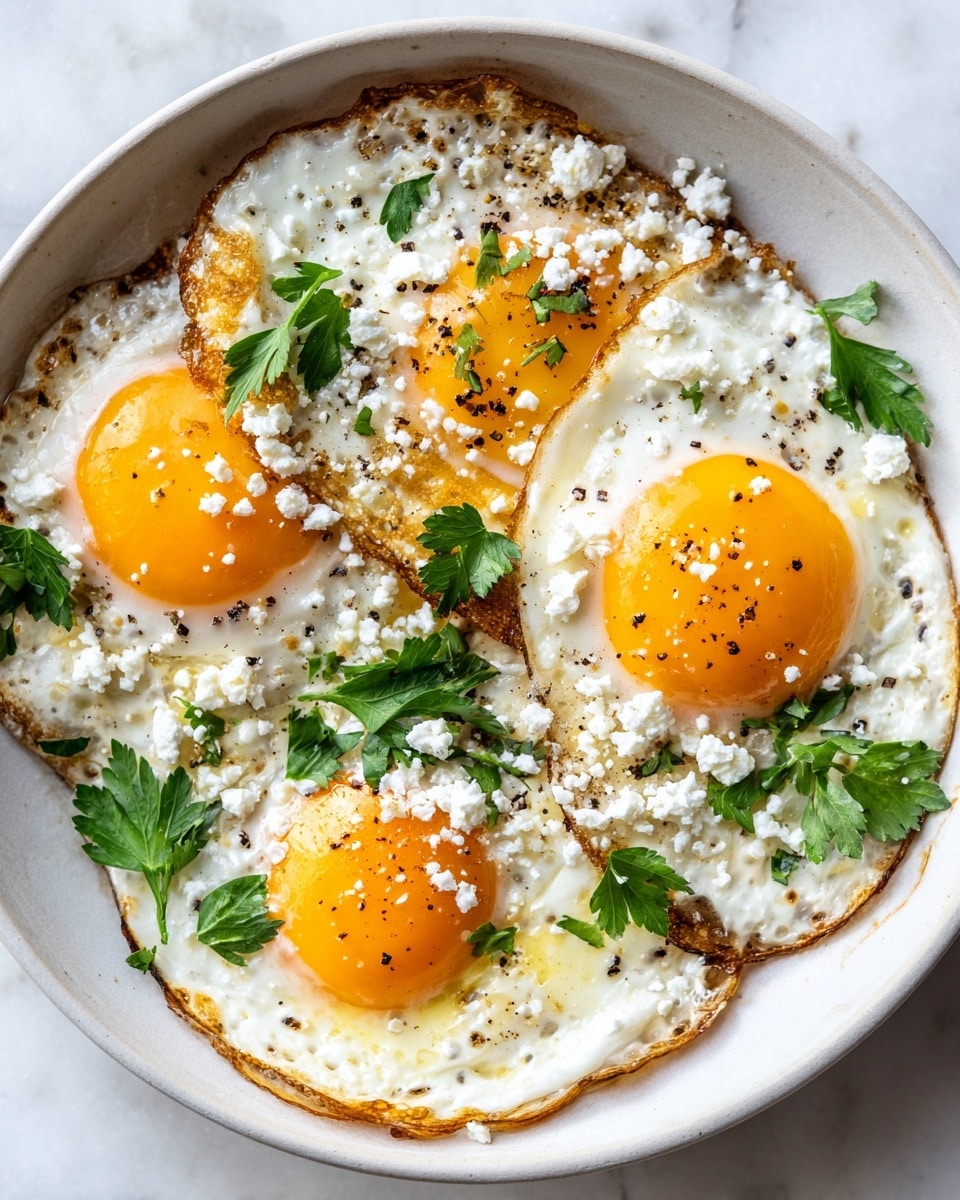 A close-up of three fried eggs with bright orange yolks and white edges that have crispy, browned textures around them. The eggs lay on a white bowl, each topped with small white crumbles of cheese and tiny black pepper specks. Fresh green parsley leaves are scattered on and around the eggs, adding a pop of color and fresh texture against the smooth egg whites and creamy cheese. The whole dish sits on a white marbled surface. photo taken with an iphone --ar 4:5 --v 7