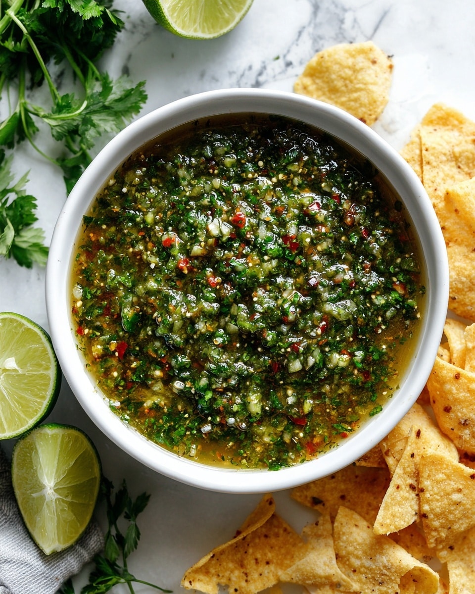 A white bowl filled with chunky green salsa, showing bits of green herbs, small red pieces, and finely chopped ingredients. The salsa looks fresh and slightly watery with visible seeds and small bits of vegetables. Around the bowl, there are light yellow tortilla chips, some whole and some broken, placed on a white marbled surface. To the side, there are a few whole limes and half a cut lime, along with some fresh green herbs as decoration. The scene is brightly lit and natural, with a casual snack setup. Photo taken with an iphone --ar 4:5 --v 7