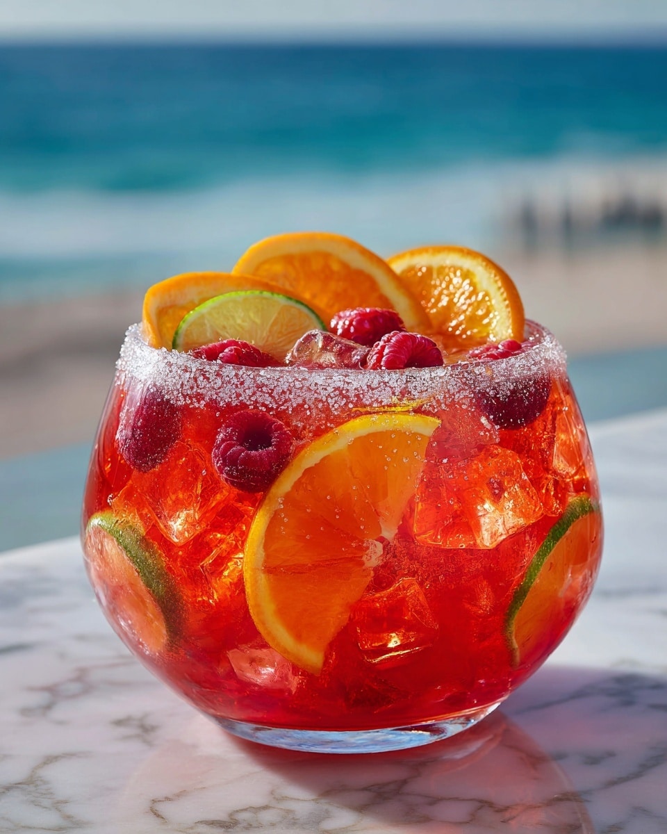 A large clear glass bowl filled with a bright orange-red drink containing many ice cubes and slices of orange and lemon throughout, with raspberries floating on top and mixed inside. The rim of the glass is coated with a layer of sugar, and several citrus slices, including orange and lime, are placed on the rim as garnish. The bowl sits on a white marbled surface with a blurred background that suggests a beach or ocean view. Photo taken with an iphone --ar 4:5 --v 7
