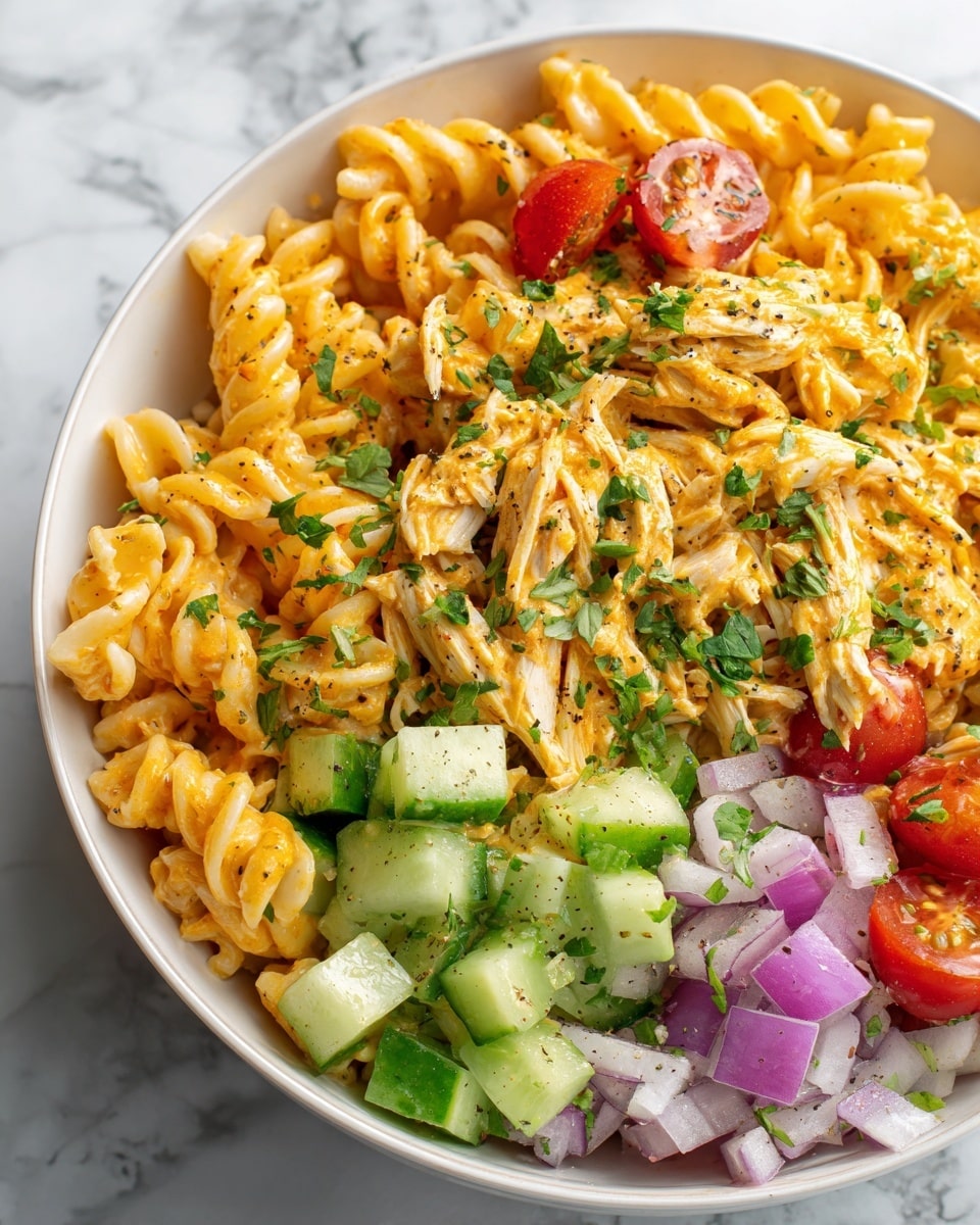 A close-up view of a white bowl filled with a colorful pasta salad. The dish has three main layers: the bottom layer has spiral pasta coated in a creamy orange sauce, the middle layer contains shredded white chicken pieces mixed with chopped green celery, cucumber chunks, halved red cherry tomatoes, and small pieces of red onion, and the top layer is sprinkled with chopped fresh green herbs and some black pepper. The salad looks fresh and vibrant against a white marbled surface. photo taken with an iphone --ar 4:5 --v 7