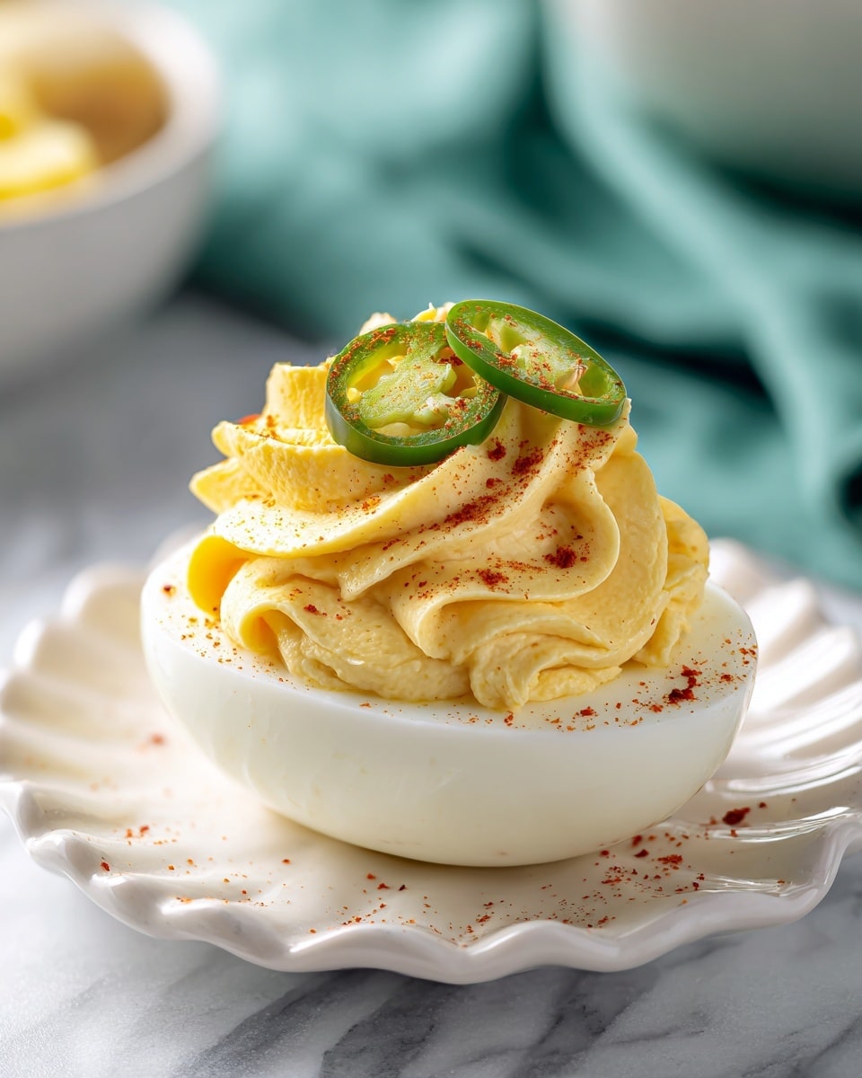 A halved hard-boiled egg sits on a white scalloped plate placed on a white marbled surface. The egg white forms the base layer, smooth and shiny, holding a thick, creamy, pale yellow filling swirled high into soft peaks. The filling is sprinkled lightly with red paprika, adding specks of color on the yellow and white. Thin slices of green pickled jalapeño are placed on top of the filling, adding contrasting texture and color. The background is softly blurred with a hint of a green cloth and an out-of-focus white bowl with more ingredients. Photo taken with an iphone --ar 4:5 --v 7