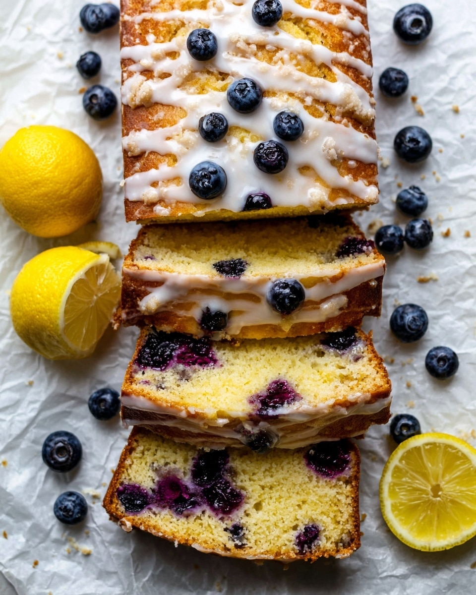A loaf of blueberry lemon cake sits on crinkled white parchment paper over a white marbled surface, with the top layer showing a golden-brown crust dotted with baked blueberries and drizzled with white glaze. The cake is sliced into four thick pieces revealing a soft yellow interior speckled with bursts of dark purple blueberries. Around the cake, there are fresh whole lemons and scattered blueberries enhancing the fresh theme. The texture looks moist inside with a crumbly, sweet crust on top. Photo taken with an iphone --ar 4:5 --v 7